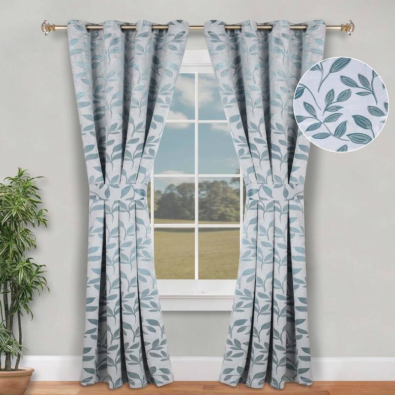 Superior Leaves Machine Washable Room Darkening Grommet With Ties Blackout Curtains, Set of 2 - 46" x 96" - Teal