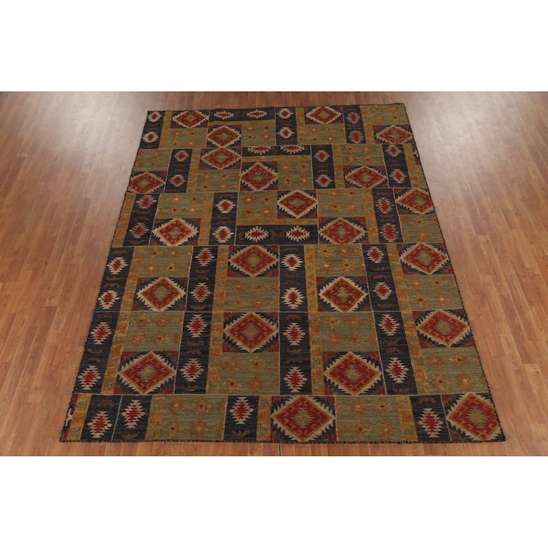 Green & Blue Geometric Kilim Oriental Area Rug Hand-Woven Wool Carpet - 7'8"x 9'10"
