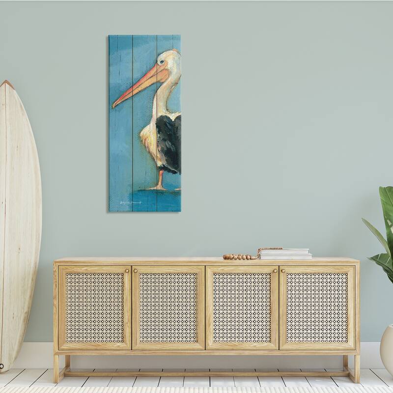 Stupell Pelican Bird Over Blue Planked Pattern Animal Painting Canvas Wall Art