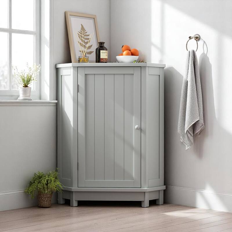 Triangle Corner Bathroom Storage Cabinet with Adjustable Shelves, MDF Space-Saving Organizer with Doors - Grey