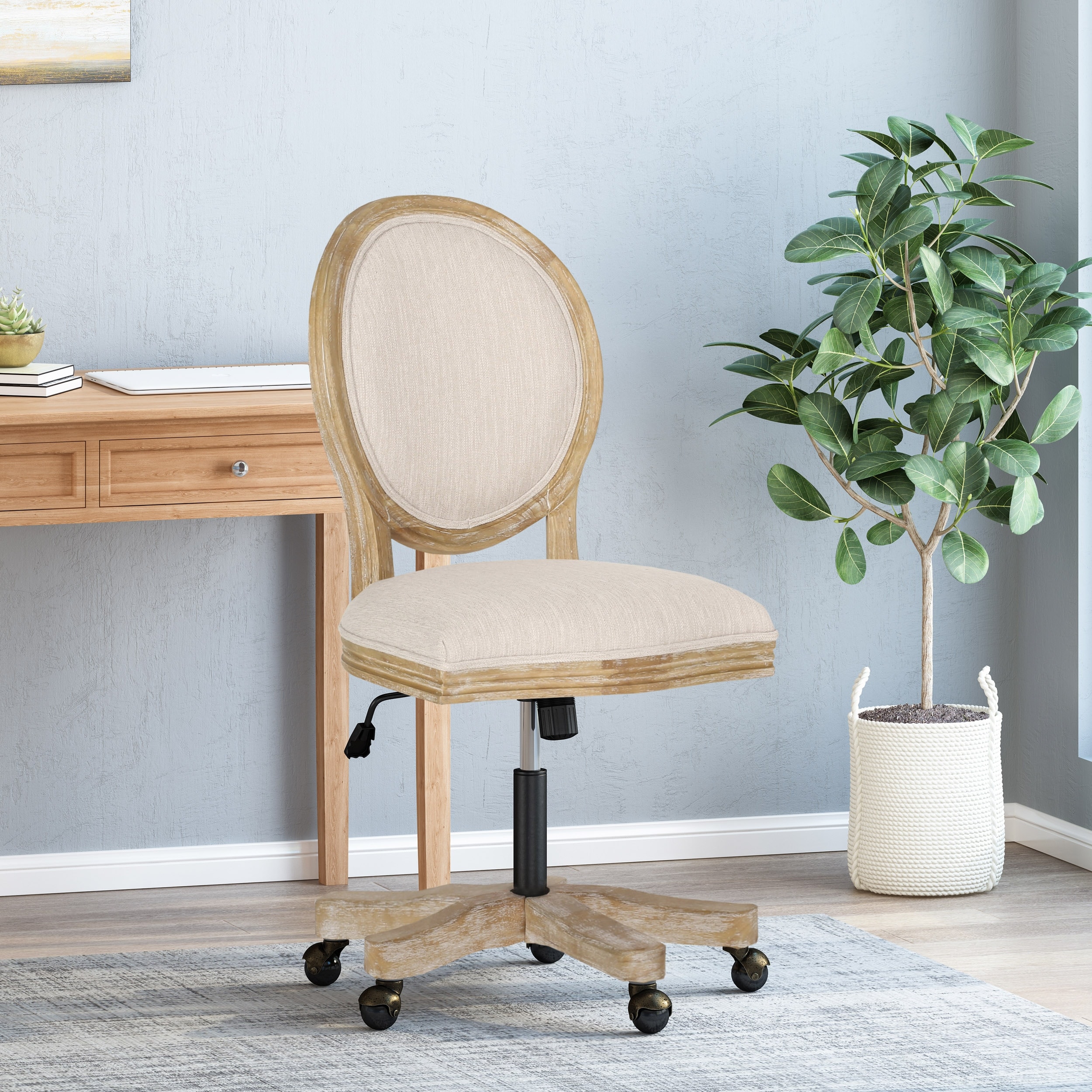 Roomfitters Upholstered Office Desk Chair with Adjustable Height, Swivel Wheels and Wood Frame, Beige Natural