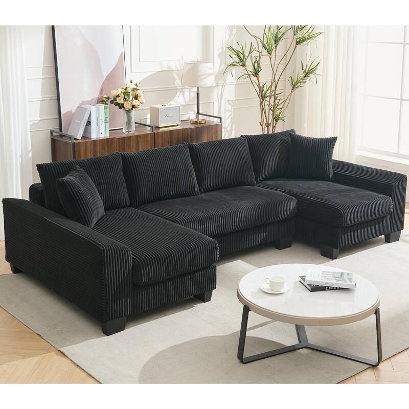 U Shaped Sofa Convertible Pull Out Sleeper Sofa Bed, 2 in 1 Recliner Sectional Couch, Corduroy Upholstery Daybed with Pillow
