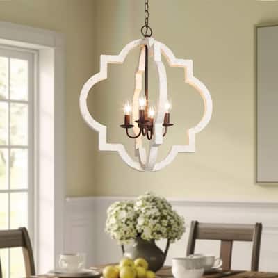 Farmhouse 4-Light Wood Lantern Chandelier Rustic Kitchen Island Light - D21.5" x H24