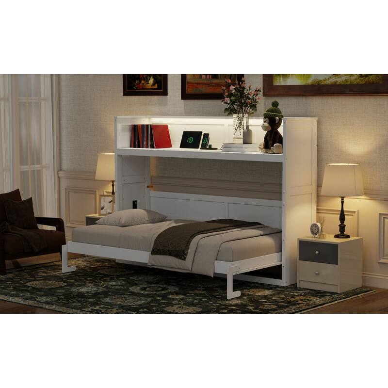 Twin XL Size Solid Wood Murphy Bed with Desk, LED Light and USB Charging Station, Hidden Convertible Folding WallBed for Bedroom
