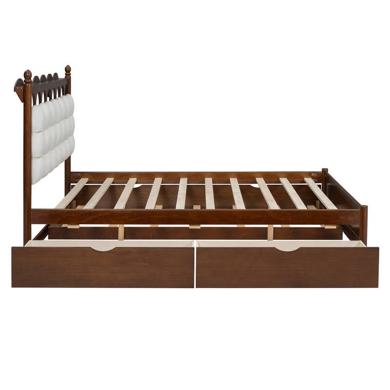 Queen Size Wooden Platform Bed Frame with Trundle, 2 Big Drawers and USB Ports, Stylish and Functional Bedroom Furniture