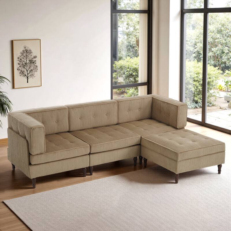 UIXE 4 - Piece Corduroy Sectional Sofa with Flip-Top Storage Ottoman Coffee Table - Camel