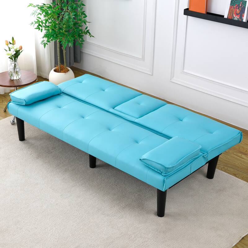 Convertible Loveseat Couch Adjustable Faux Leather Sleeper Sofa Bed with Coffee Table, Cup Holders and Removable Pillow Armrests