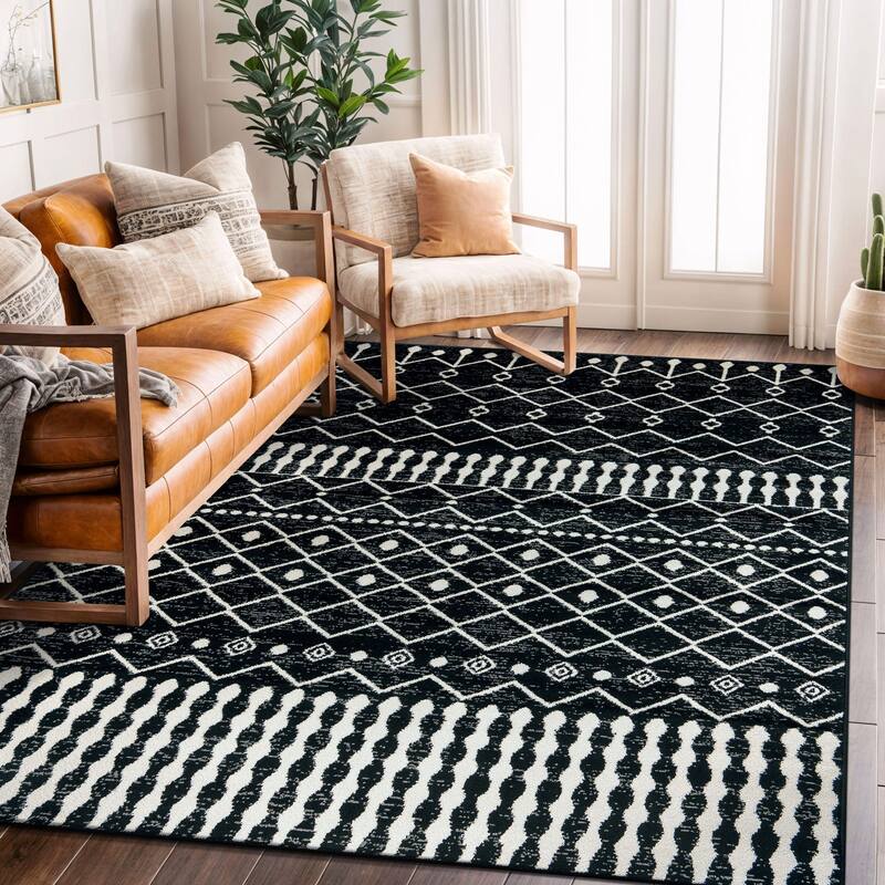 Bohemian Trellis Black Ivory Gray Area Rug, Stylish for Any Room - 5' x 7'