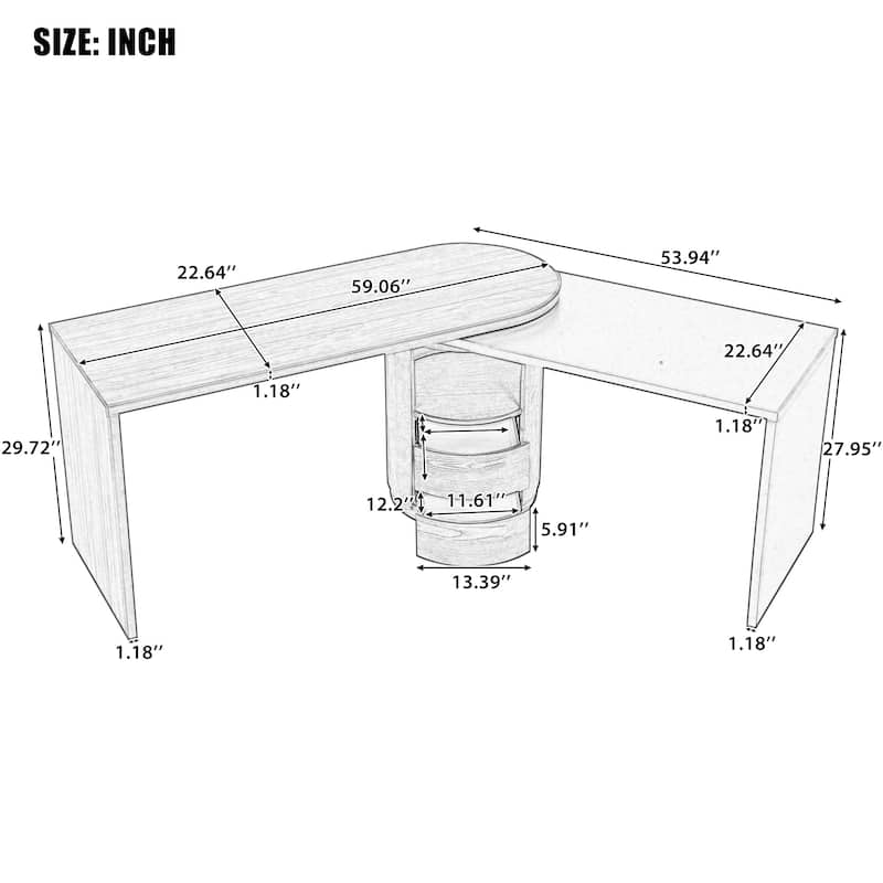 59"L Shaped Desk in Walnut with 2 Drawers,Open storage,360°Wood Rotating Desk,Executive Office Desk,Office Study Workstation