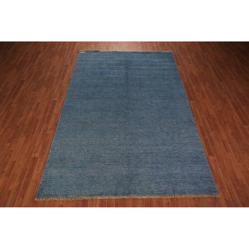 Modern Gabbeh Area Rug Hand-Knotted Oriental Blue Wool Carpet - 6'7" x 9'10"