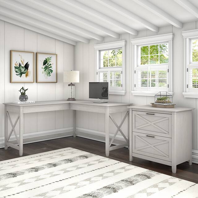 Key West 60W L Desk with 2 Drawer File Cabinet by Bush Furniture - Linen White Oak