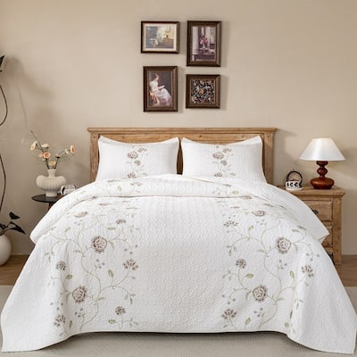 All Cotton Floral Embroidered Quilt Set, Washed, Lightweight, 3 Piece Bedding