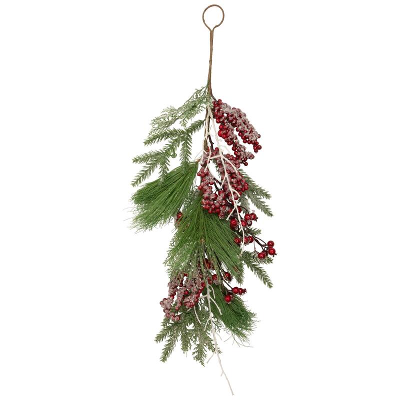 28" Frosted Red Berries Pine Cones Artificial Christmas Teardrop Swag