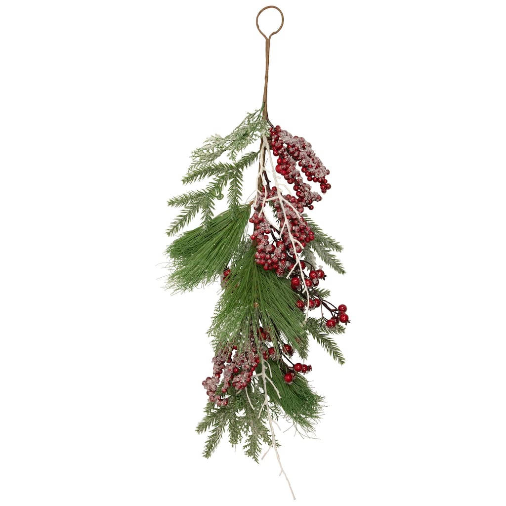 28" Frosted Red Berries Pine Cones Artificial Christmas Teardrop Swag