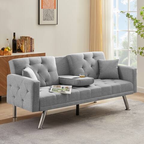 76 Inch Futon Sofa Bed with Cup Holders, Linen Convertible Folding Futon Couch with Adjustable Backrest and Throw Pillows