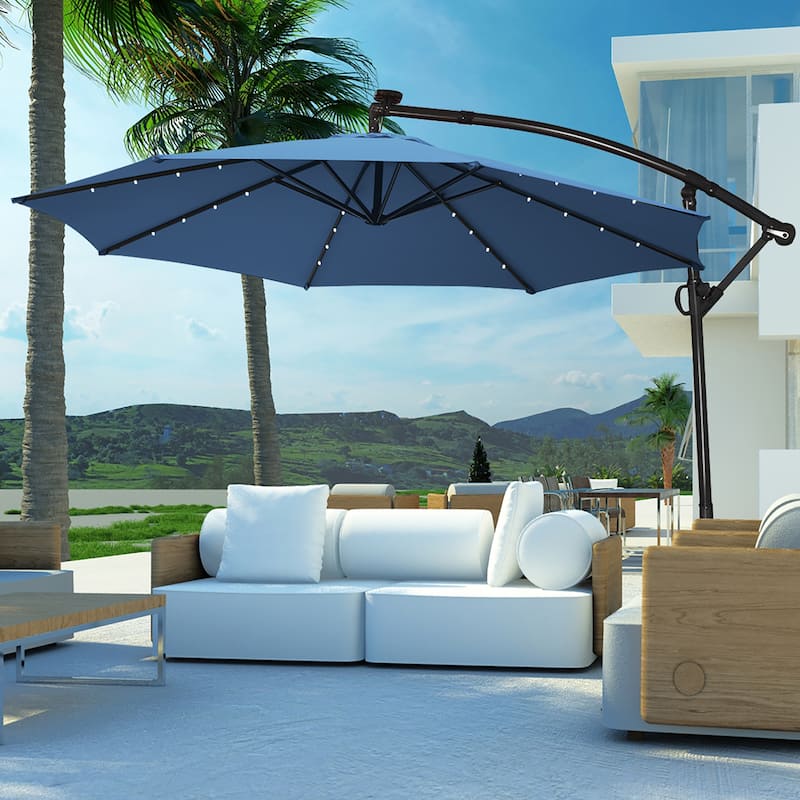 Costway 10FT Patio Offset Umbrella Solar Powered LED 360degrees - Blue
