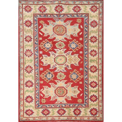 Kazak Accent Rug Hand-Knotted Red Geometric Wool Carpet - 2'9" x 4'1"