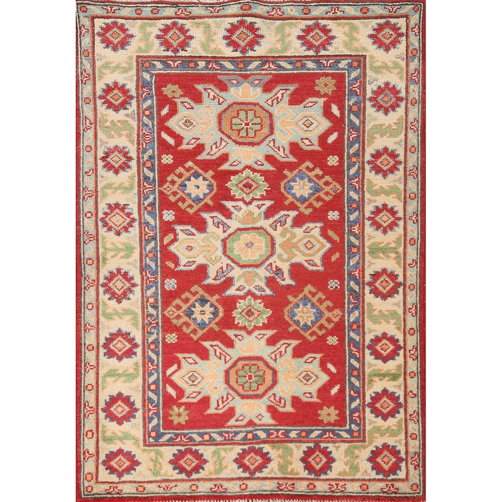 Kazak Accent Rug Hand-Knotted Red Geometric Wool Carpet - 2'9" x 4'1"