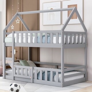 Twin Over Twin House Bunk Bed with Fence and Door, Wood Kids Bunk Bedwith Roof, Floor Bunk Bed for Girls Boys, Easy Assembly