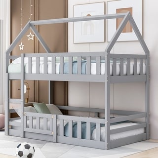 Twin over Twin House Bunk Bed with Fence and Door, Grey - Solid Pine Wood, Playful Design with Whimsical Roof and Guardrails