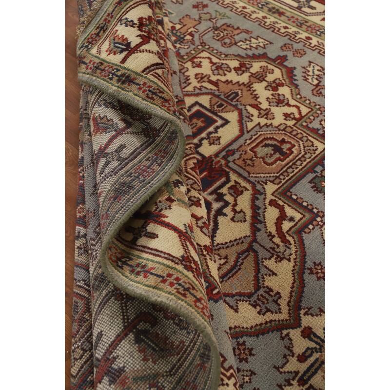Hand Knotted Oriental 100% Wool Carpet Traditional Medallion Navy Blue & Blues Heriz (serapi) Area Rug - 9' 9'' X 7' 11''