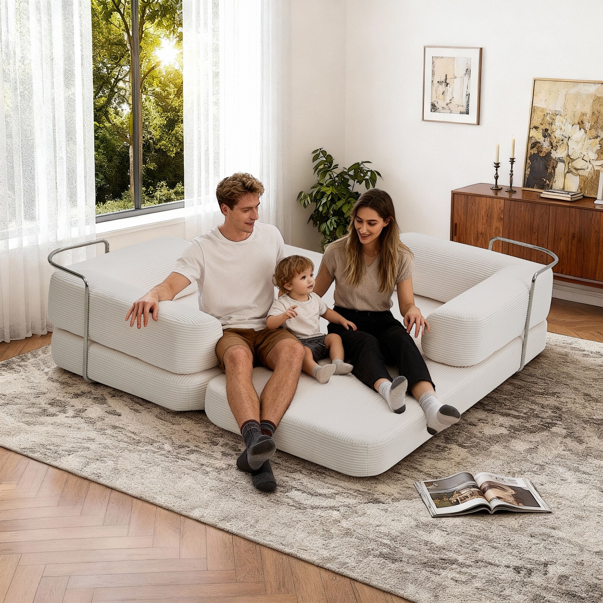 Modular Convertible Sofa Bed Floor Couch with Steel Frame, Simple