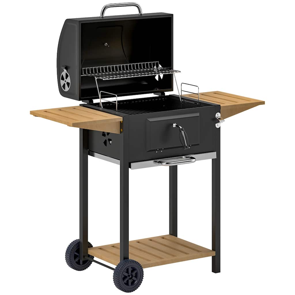 Charcoal Grill with Warming Rack Adjustable Charcoal Pan Built-In Thermometer Side Shelves Wheels - 44.1" W x 20.5" D x 42.1" H