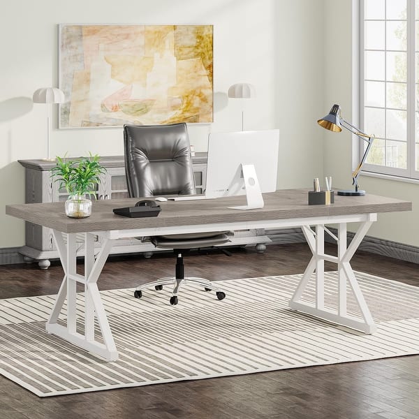 slide 2 of 55, 70.8-Inch Executive Desk, Large Computer Office Desk Workstation 70.86” L x 31.49” W - Grey/White