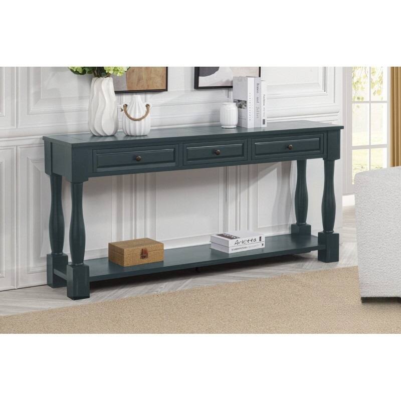 63" Long Console Table with Drawers & Shelf for Entryway, Hallway, Living Room - Navy