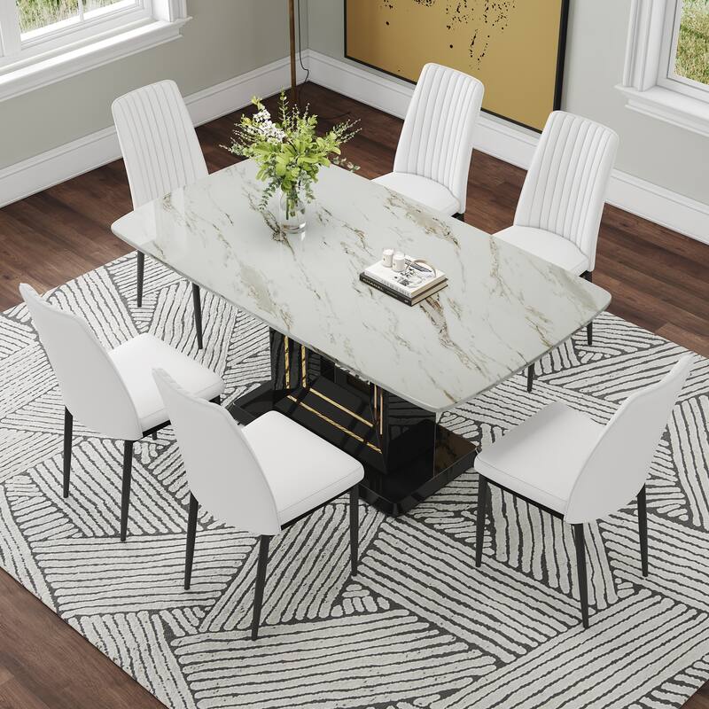 Modern Dining Table Set, 7-Piece Faux Marble Kitchen Table for 6-8, Glass Rectangular Dining Room Table with U-shaped Table Legs