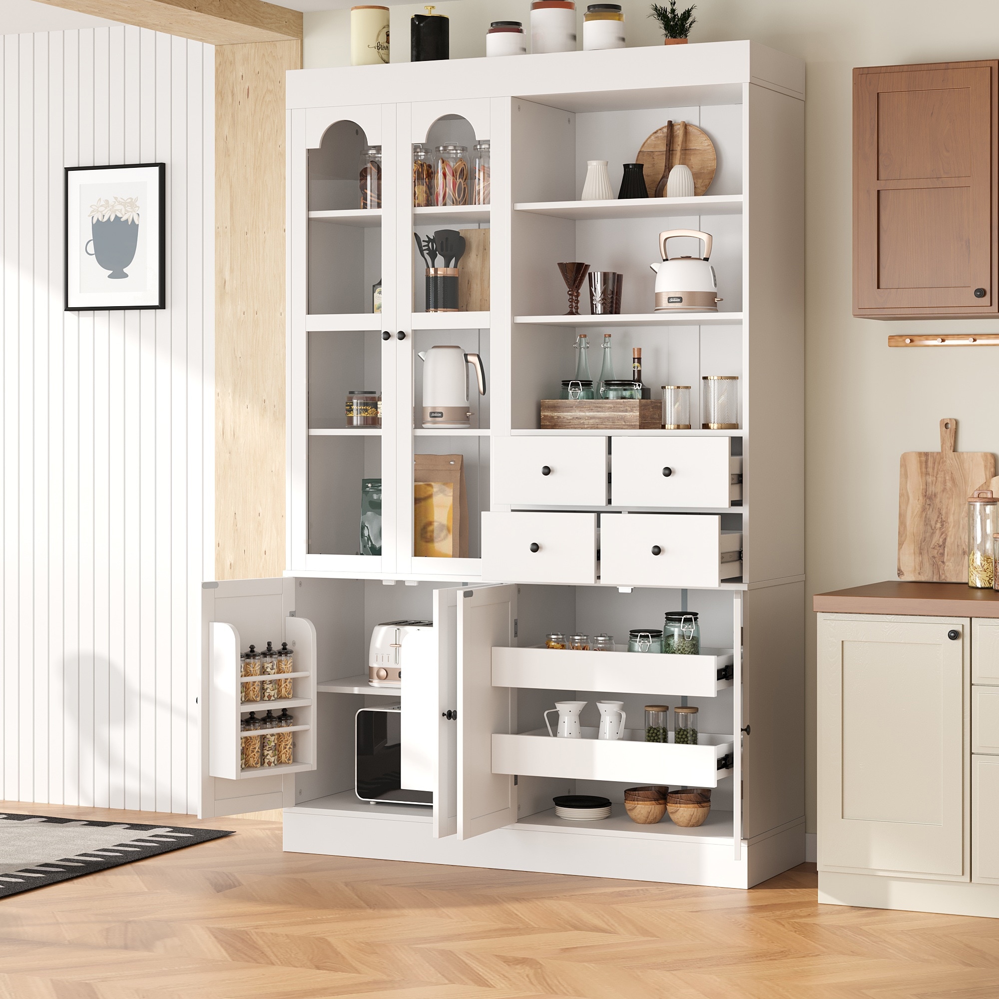 Freestanding Buffet with Hutch,Tall Kitchen Pantry Cabinet with 4 Drawers, Door Shelves and Pull-out Trays