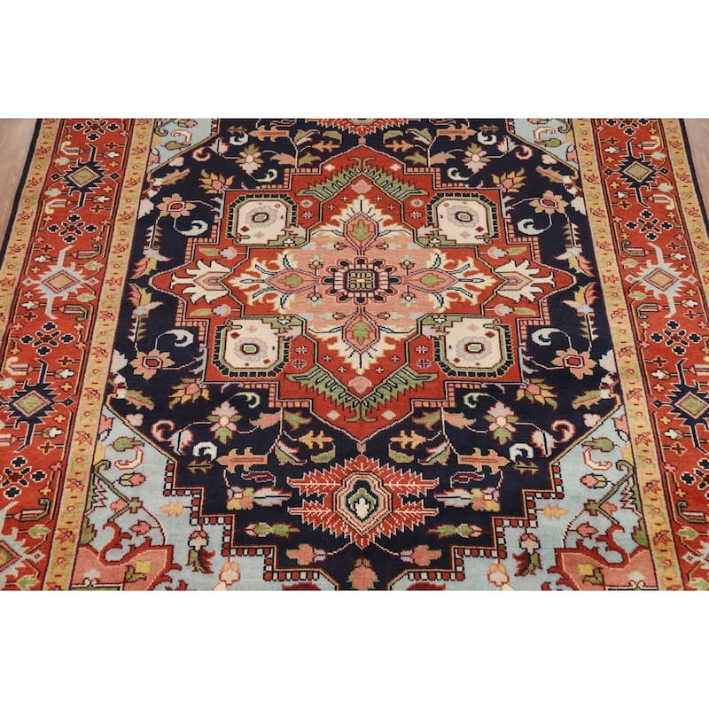 Blues & Orange Heriz Serapi Indian Area Rug Hand-Knotted Wool Carpet - 8'11"x 11'10"