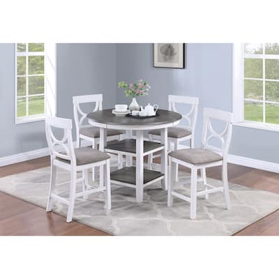 Counter Height Dining Table w Storage Shelve 4x Chairs Padded Seat Unique Design Back 5pc Dining Set White Color