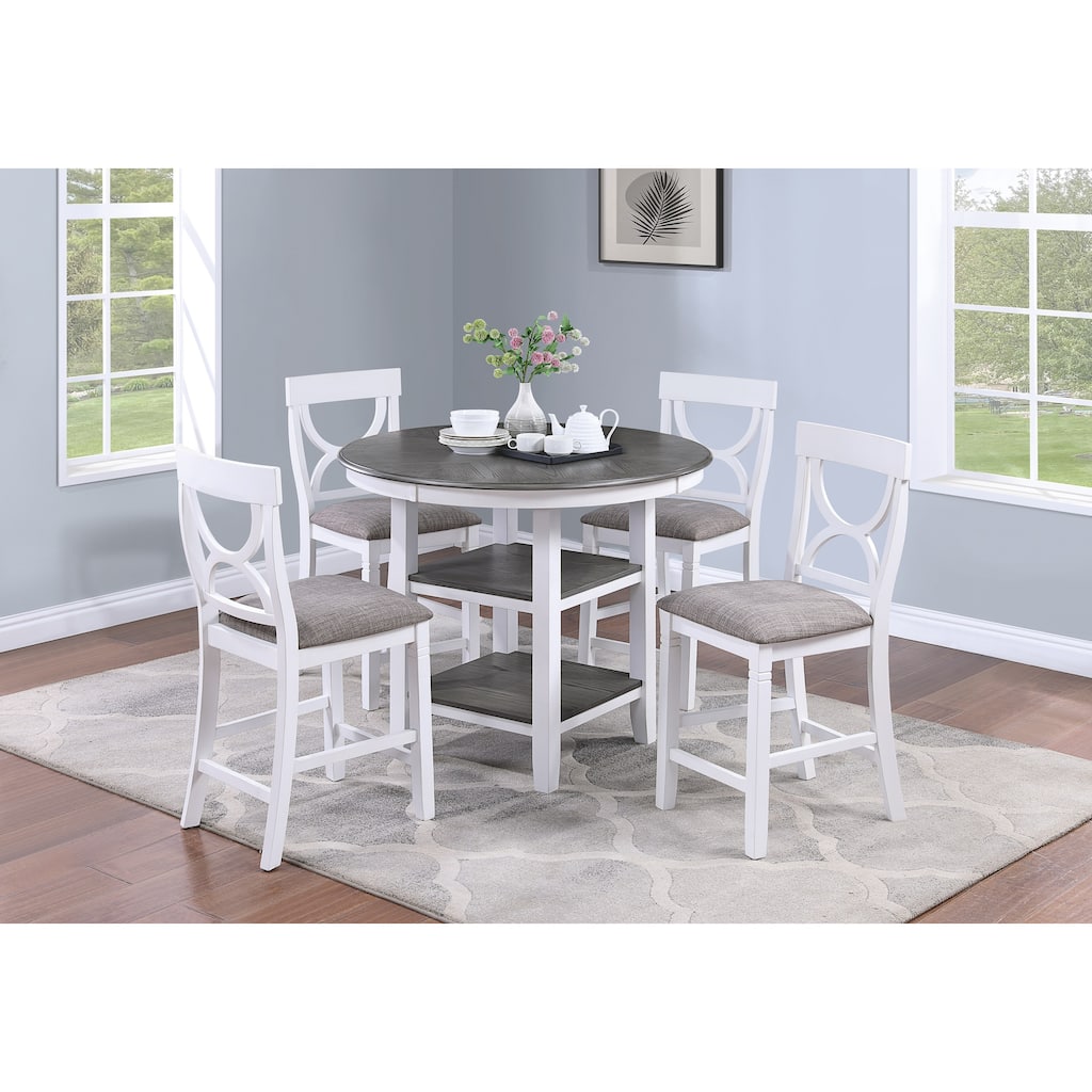 Counter Height Dining Table w Storage Shelve 4x Chairs Padded Seat Unique Design Back 5pc Dining Set White Color