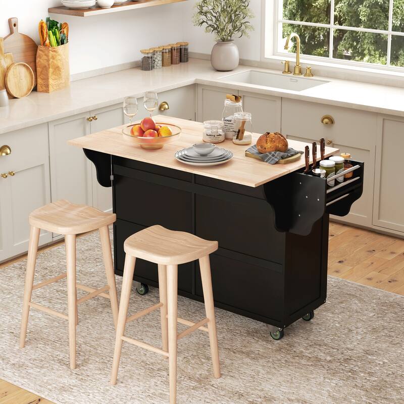 HOMCOM Rolling Kitchen Island on Wheels Utility Cart with Drop-Leaf and Rubber Wood Countertop, Storage Drawers, Dark Grey