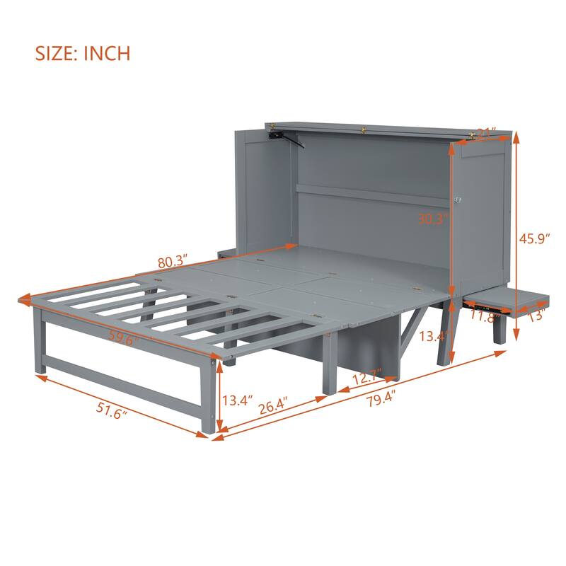 Queen Size Murphy Bed with USB Port, Solid Wood Murphy Bed Frame with