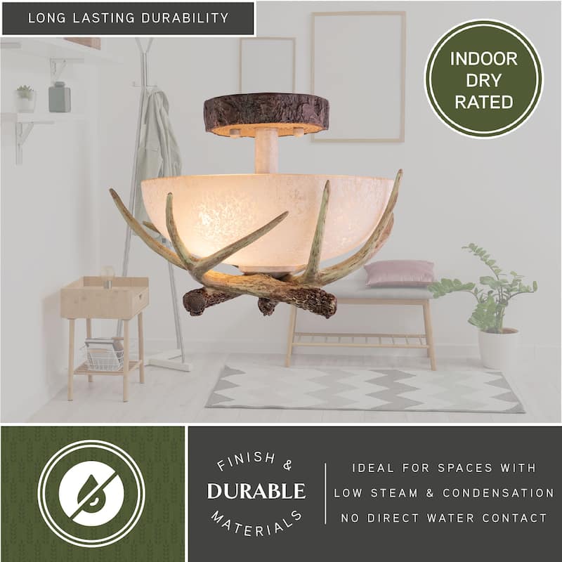 Lodge 12-in W Cream Rustic Antler Bowl Semi Flush Mount Ceiling Light Cream Glass - 12-in W x 9-in H x 12-in D