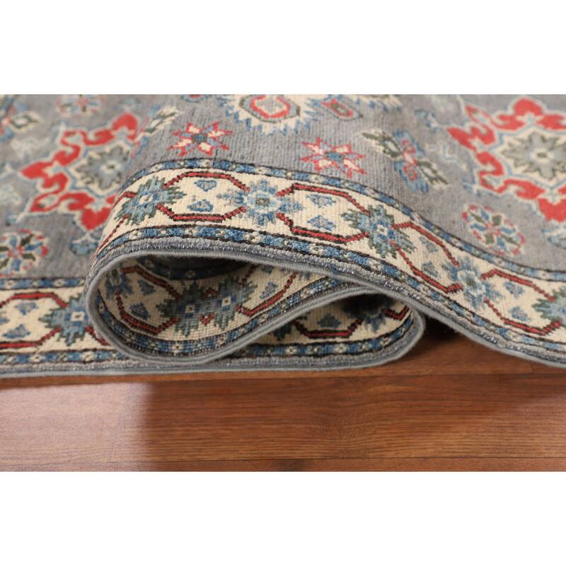 Geometric Grey Kazak Oriental Runner Rug Hand-Knotted Wool Carpet - 2'2" x 5'11"