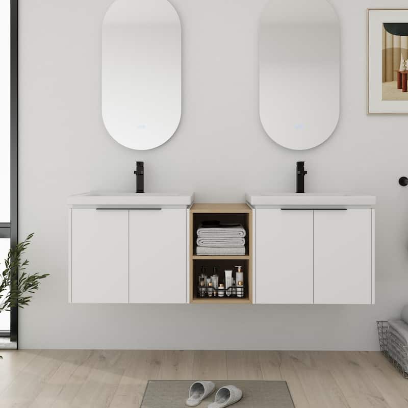 Bathroom Vanity With Sink In 24/36/48/60/72/84 Inch, Floating Bathroom Vanity With Soft Close Door and Shelf - 59.4''W - White-Ceramic Sink