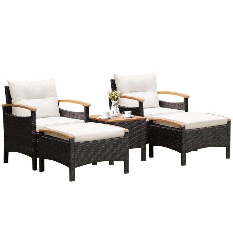 5 Pieces Patio Conversation Set with Cushions Coffee Table and 2 Ottomans - 25" x 24" x 29"