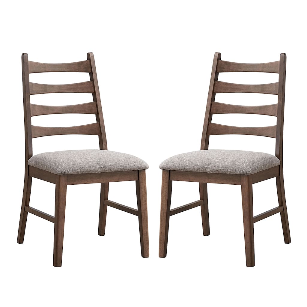 Set of 2 Linen Upholstered Dining Chairs with Ladder Back in Gray and Walnut