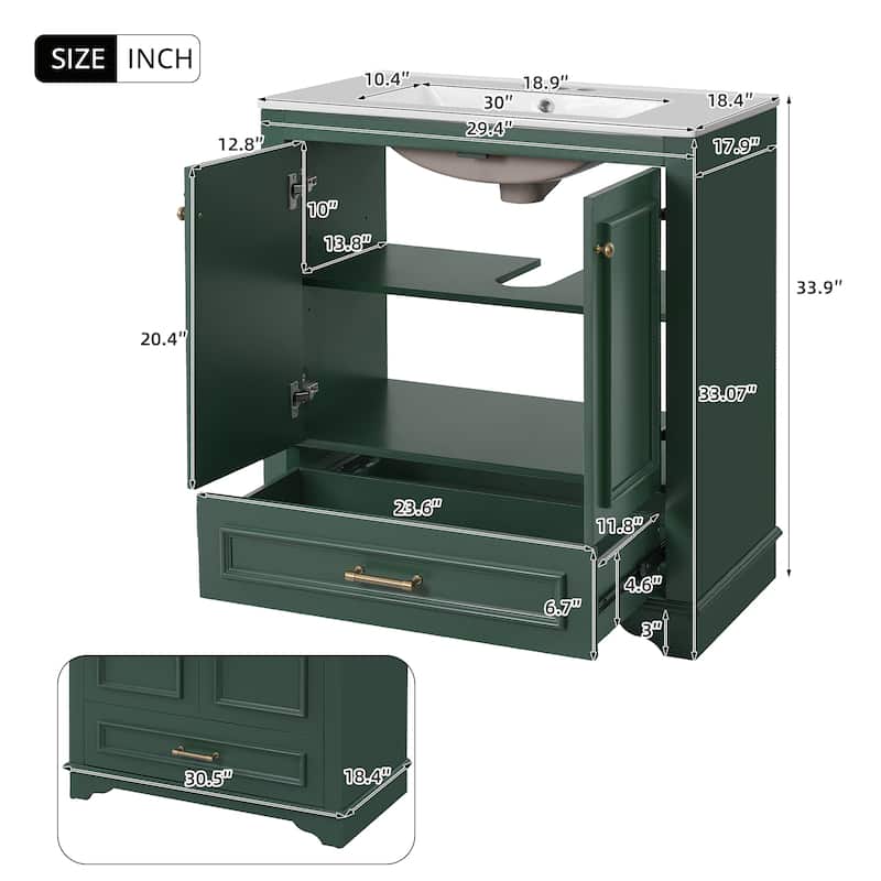 30" Bathroom Vanity with Ceramic Sink, Solid Wood Frame, 2 Soft-Close Doors, Storage Cabinet with Shelf