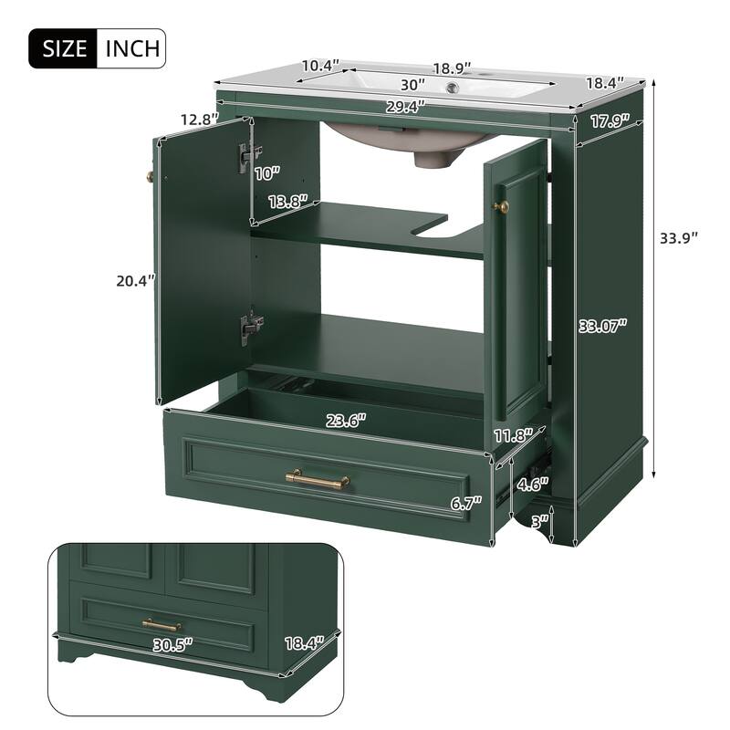 Bathroom Vanity with Ceramic Sink, Freestanding Bathroom Storage Cabinet, Bathroom Cabinet with 2 Soft Closing Doors & 1 Drawer