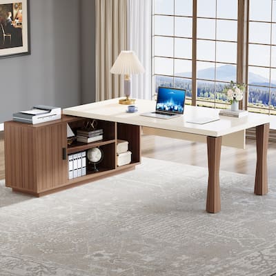 Modern 71-Inch Executive Desk, L-Shaped Desk with Storage Shelves and Cabinet, Large Office Desk Business Furniture Set