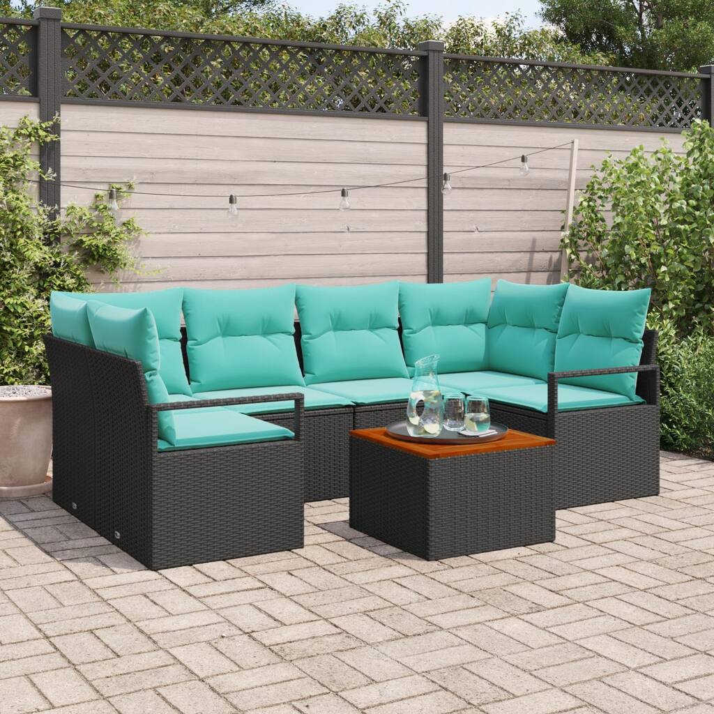 vidaXL 7 Piece Garden Sofa Set with Cushions Black Poly Rattan Acacia - 92.1×48×27.2