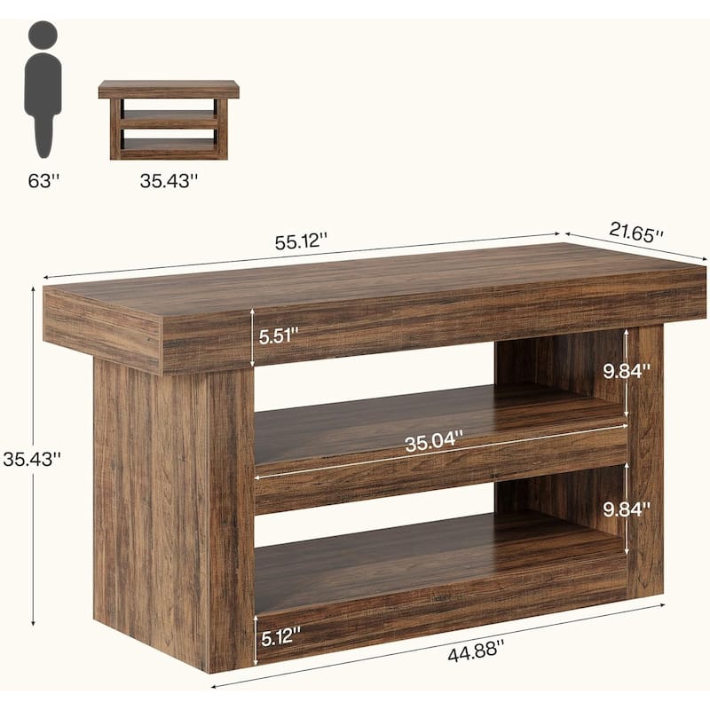 55-Inch Kitchen Island with Storage, 3-Tier Island Table with Large Countertop for Kitchen, Dining Room