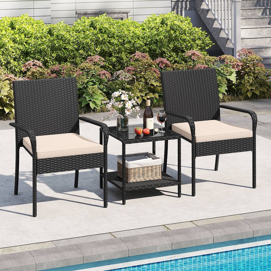 Gymax 3 Piece Patio Furniture Set Outdoor Wicker Chair & Table Set w/