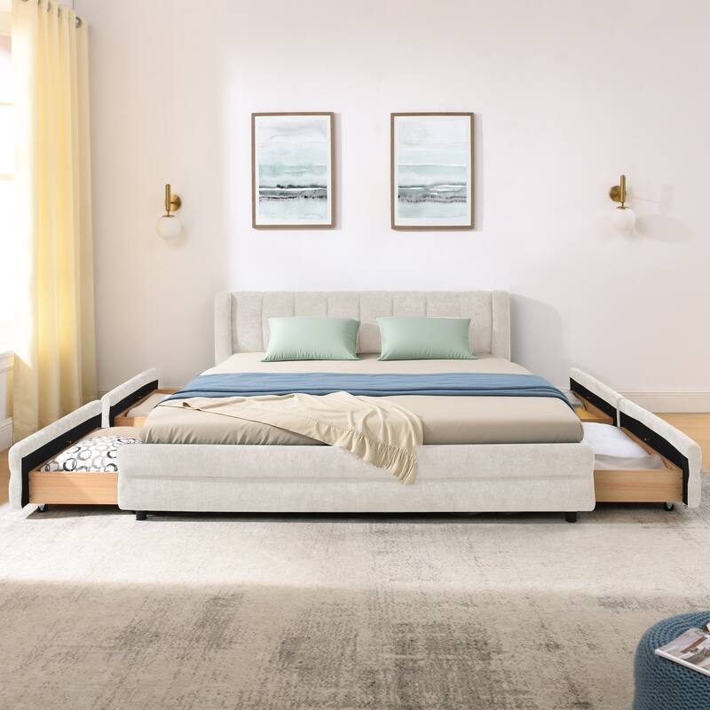 Queen Upholstered Bed Frame with Storage Drawer, Thick Padded Headboard & Solid Frame in Chenille Fabric