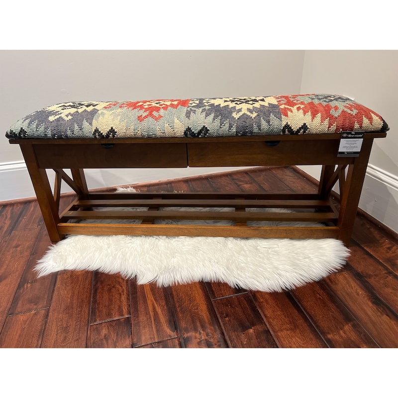 HERAT ORIENTAL Handmade Kilim Upholstered Bench with Drawers - 14" x 19" x 47"