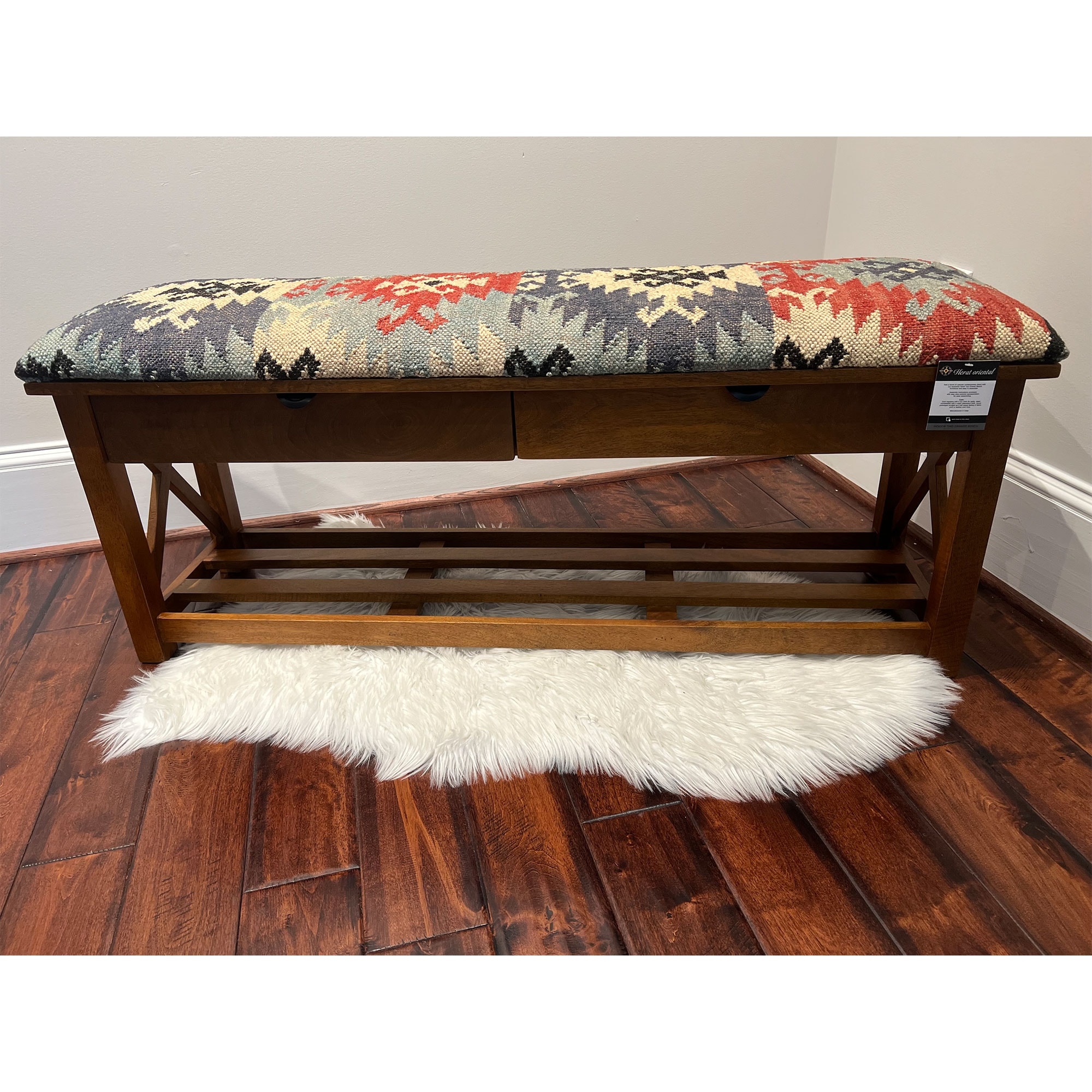 HERAT ORIENTAL Handmade Kilim Upholstered Bench with Drawers - 14" x 19" x 47"